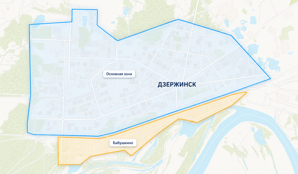 Карта районов доставки воды toka по Дзержинску днём